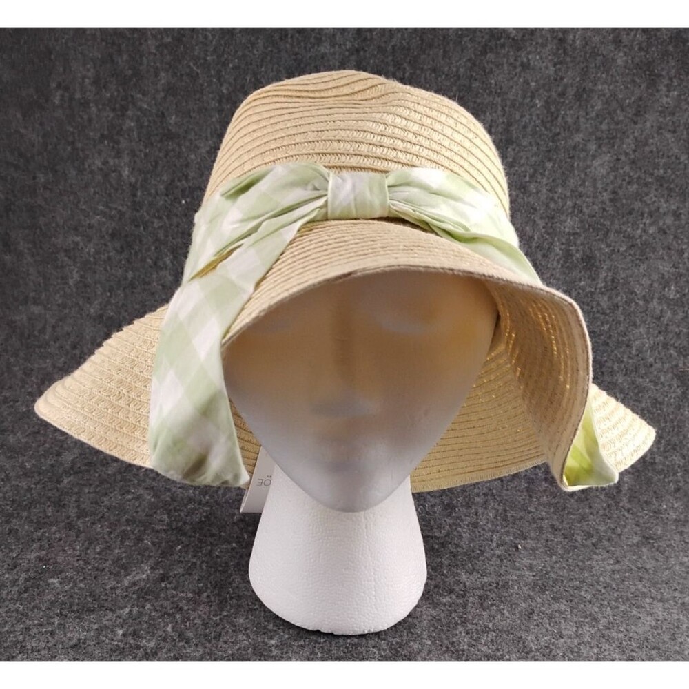 RACHEL ZOE Women's Cream Straw Floppy NEW w Green Checked Band Beach Cruise Hat